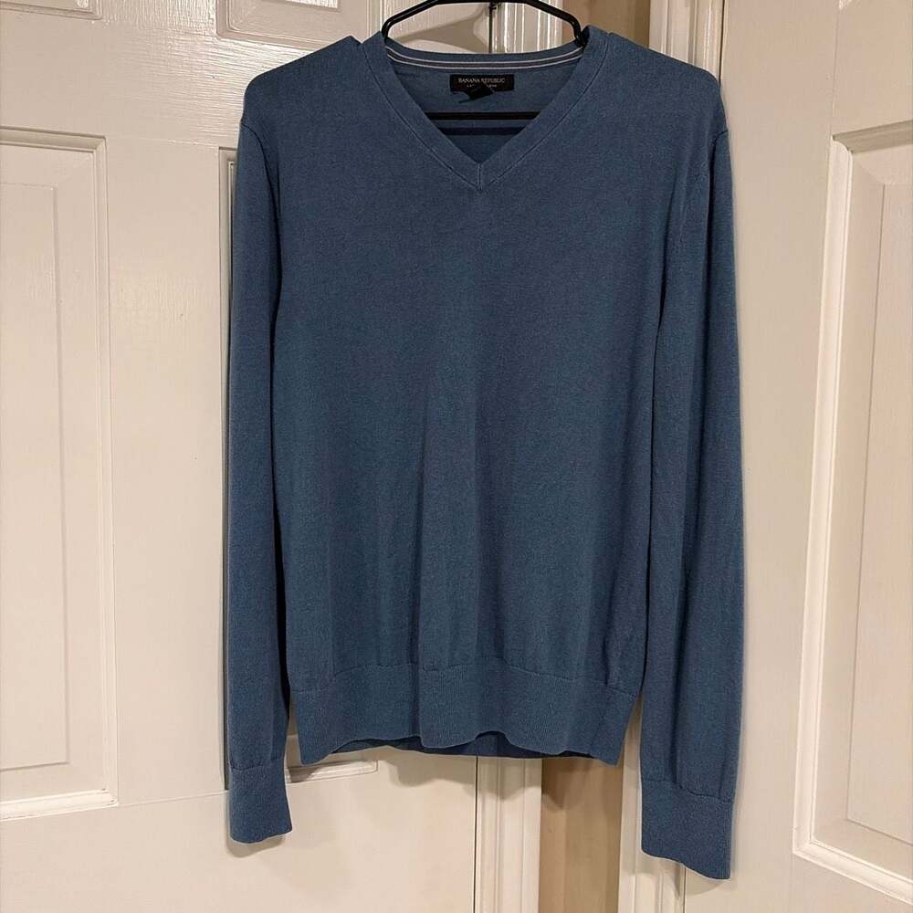 Banana Republic Luxury Blend Silk Cotton Cashmere V-Neck Sweater Blue Medium